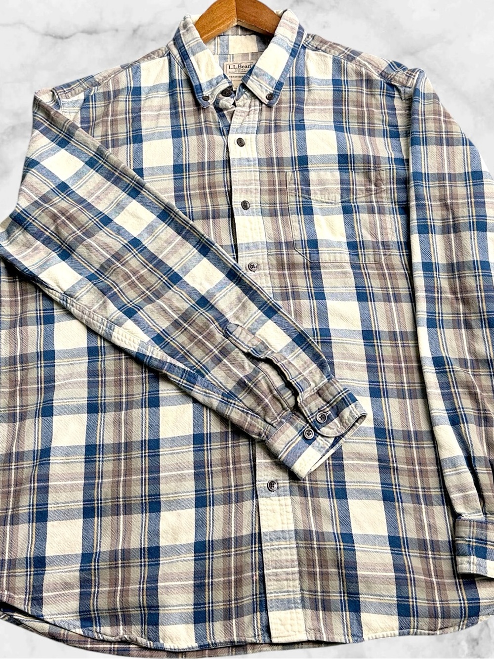 LL Bean Mens Large Traditional Fit Flannel Shirt Plaid Cotton Button Down Blue